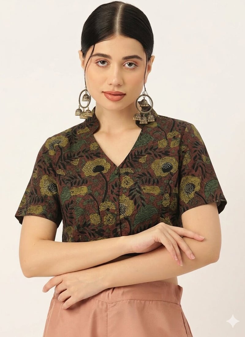 Minimal Brown Cotton Printed Blouse After Six Wear