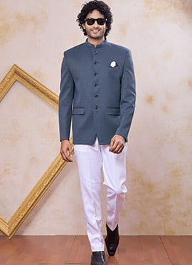 Minimal Grey Jacquard Silk Bandhgala Jacket