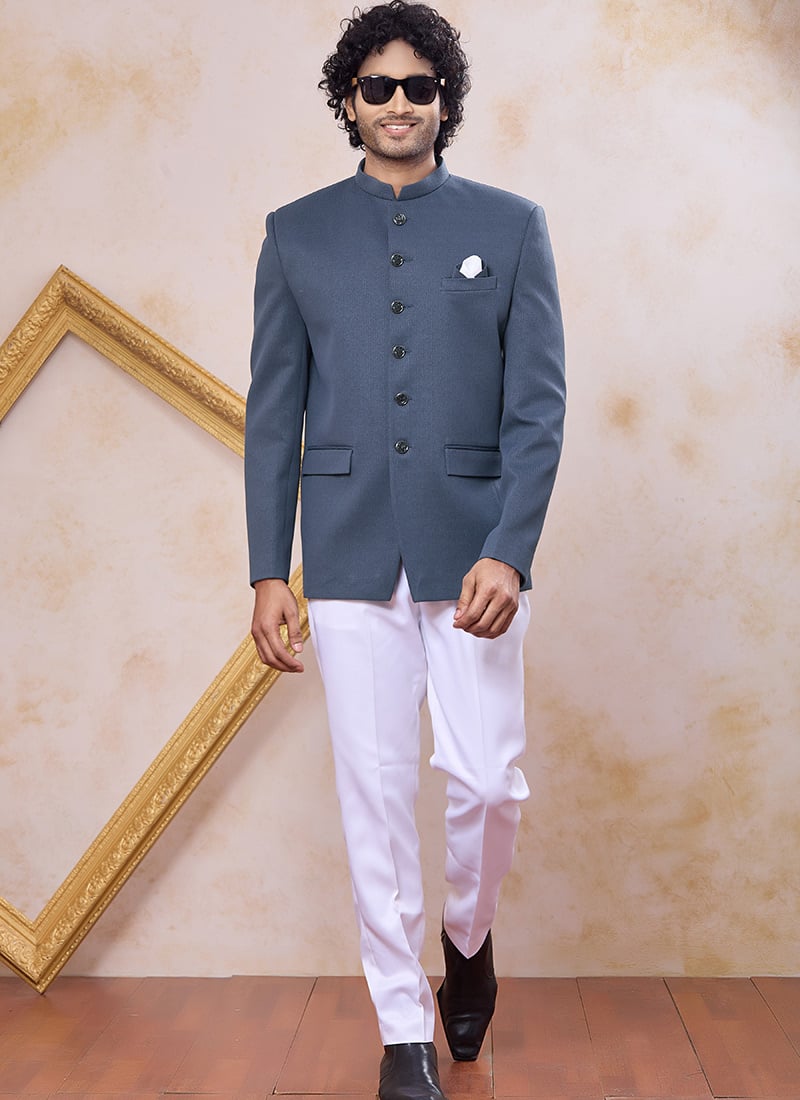 Minimal Grey Jacquard Silk Bandhgala Jacket