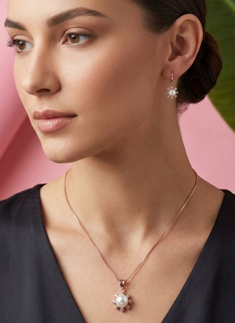 Minimal Rose Gold American Diamond Stone Moti Pendant Set Festive Wear