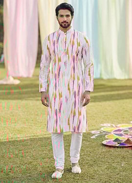 Minimal White Cotton Digital Print Kurta Pyjama