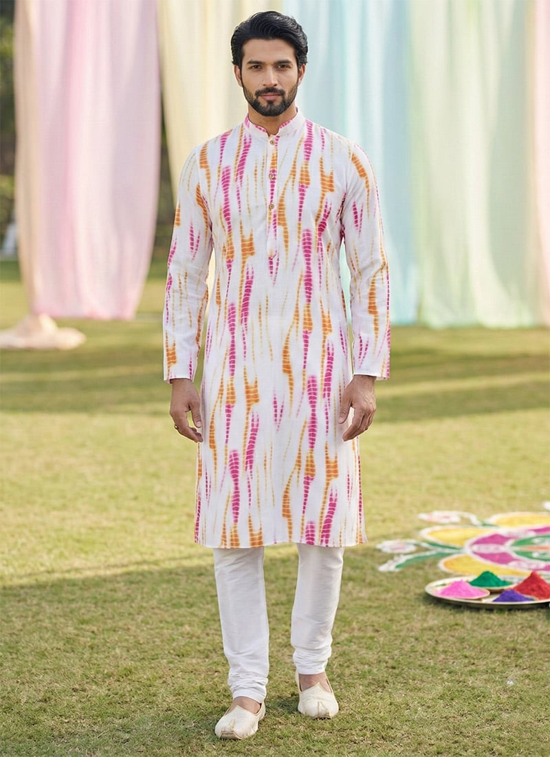 Minimal White Cotton Digital Print Kurta Pyjama Festive Wear