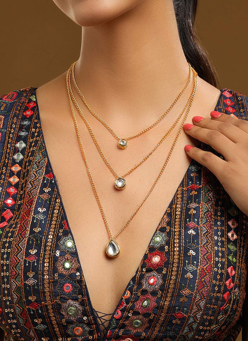 Minimalist Triple Layer Golden Kundan Necklace Festive Wear