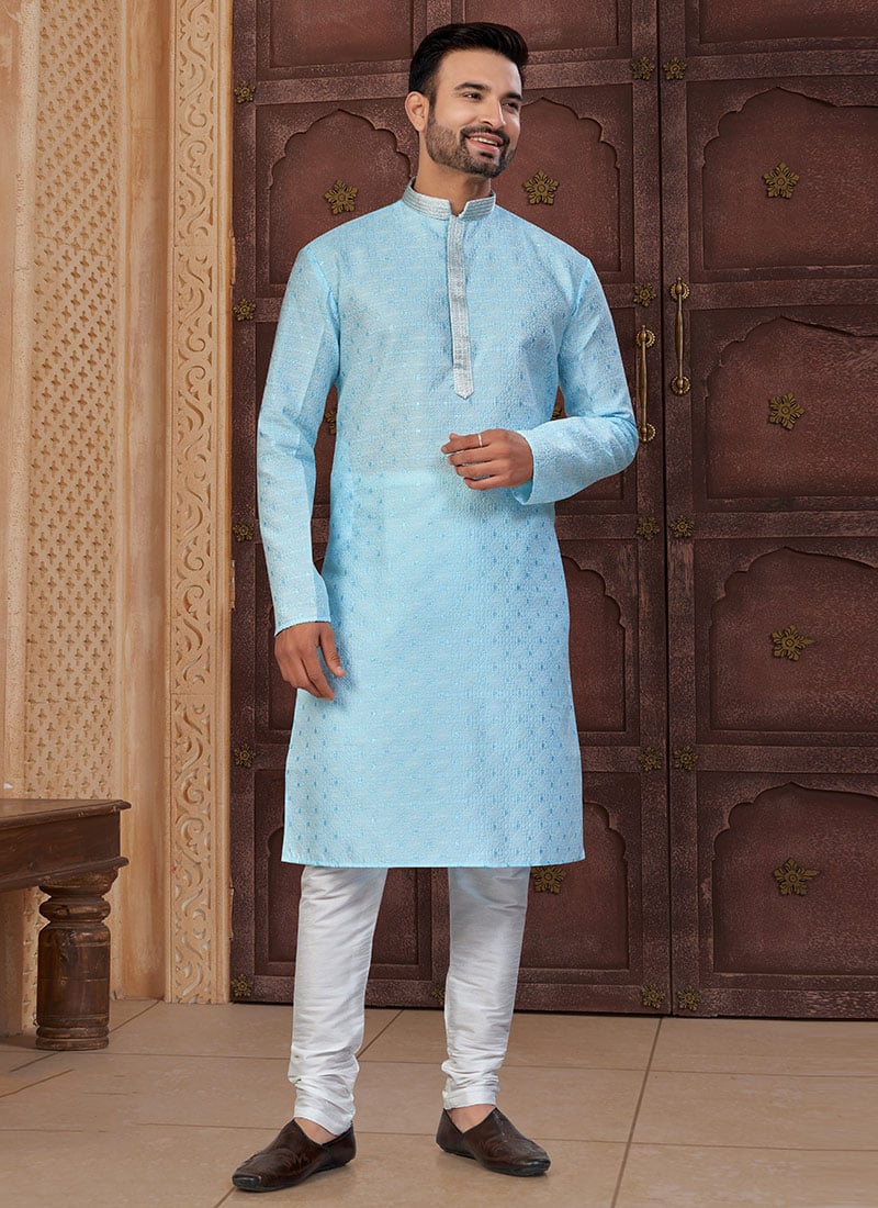 Mint Blue Banarasi Jacquard Silk Kurta Pyjama Festive Wear