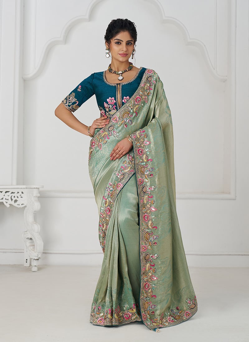 Mint Blue Dola Viscose Silk Embroidered Sequins With Beads Stone And Aari Work Saree Wedding Wear
