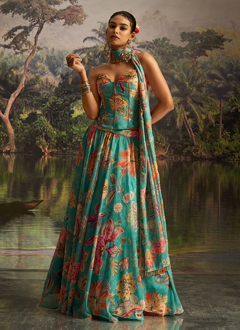 Mint Blue Faux Georgette Digital Printed Lehenga Wedding Wear