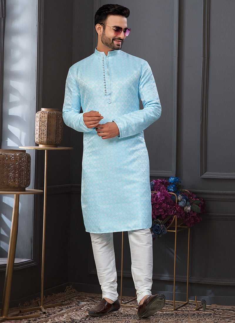Mint Blue Jacquard Silk Kurta Pyjama Festive Wear
