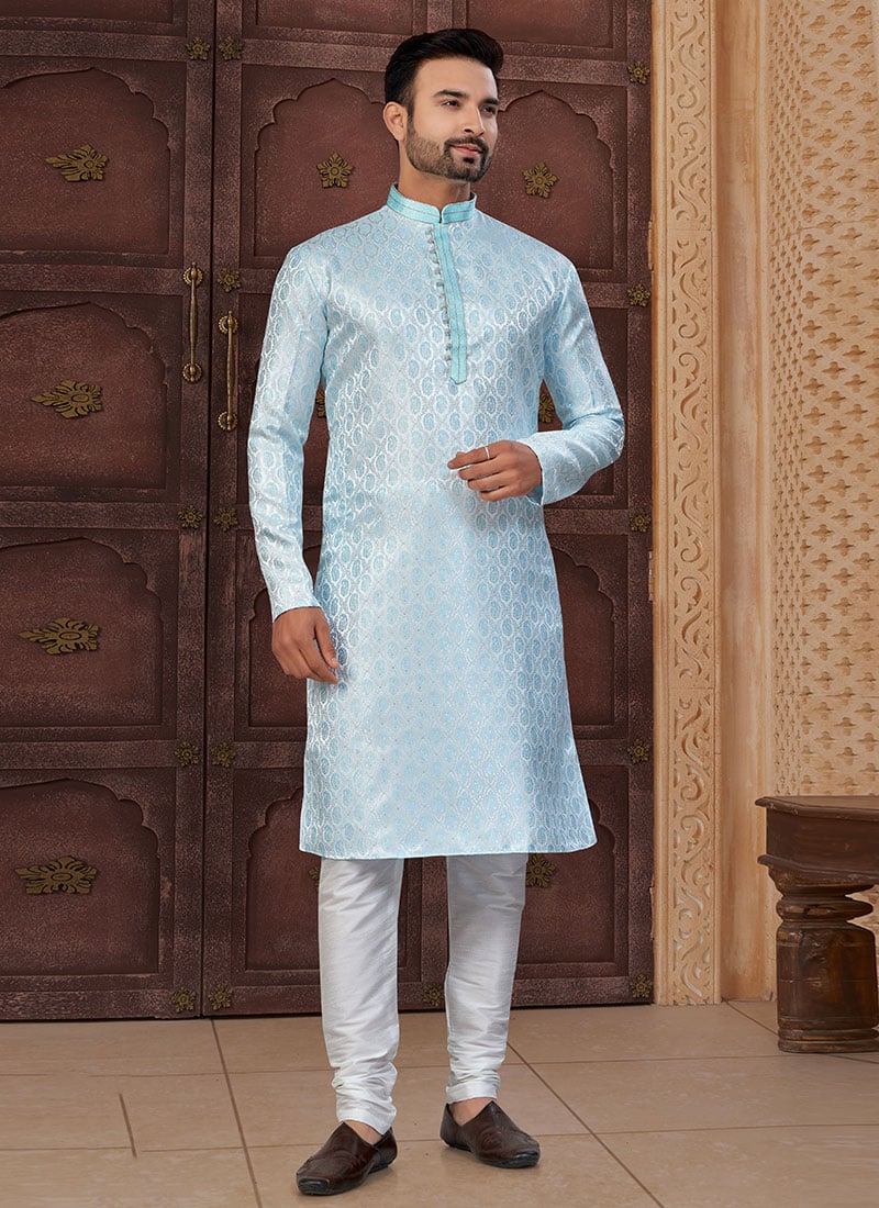 Mint Blue Jacquard Silk Zari Jacquard Thread Classic Sherwani Festive Wear