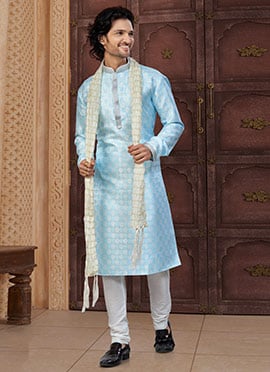 Mint Blue Jacquard Silk Zari Jacquard Thread Classic Sherwani