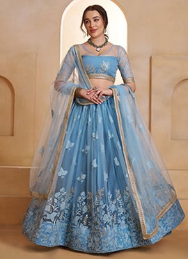 Mint Blue Net Zari Embroidered Sequins Beads Lehenga