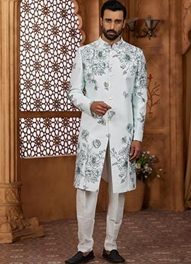 Mint Blue Silk Floral Print Indowestern Sherwani