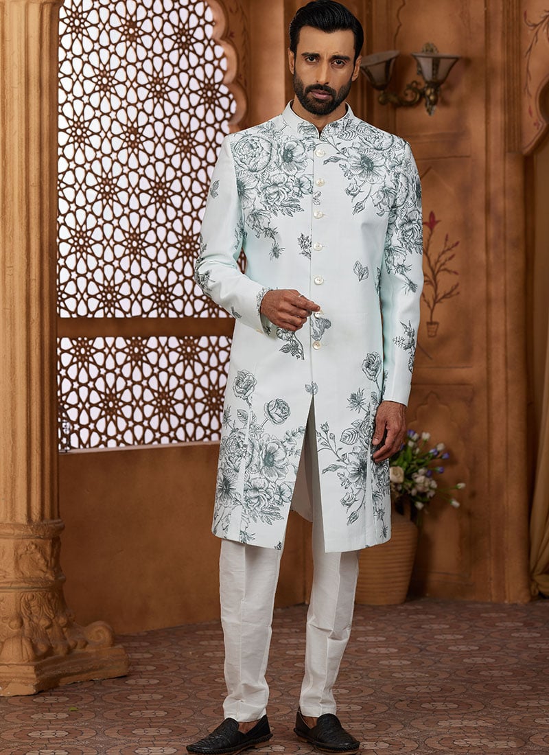 Mint Blue Silk Floral Print Indowestern Sherwani Wedding Wear