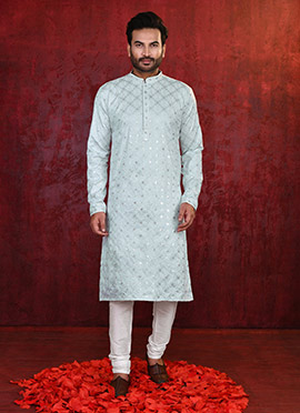 Mint Blue Soft Rayon Lucknowi Chikankari Kurta Pyjama For Men