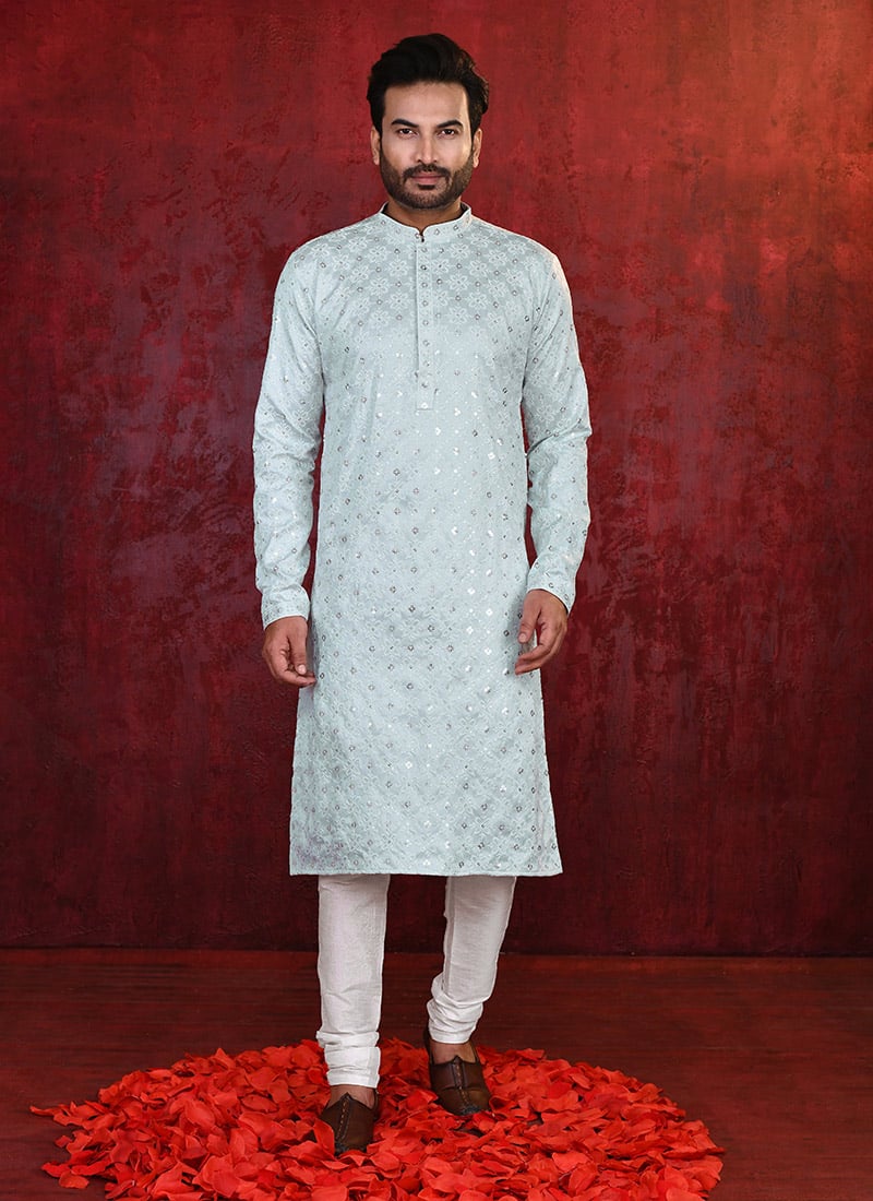 Mint Blue Soft Rayon Lucknowi Chikankari Kurta Pyjama For Men Festive Wear