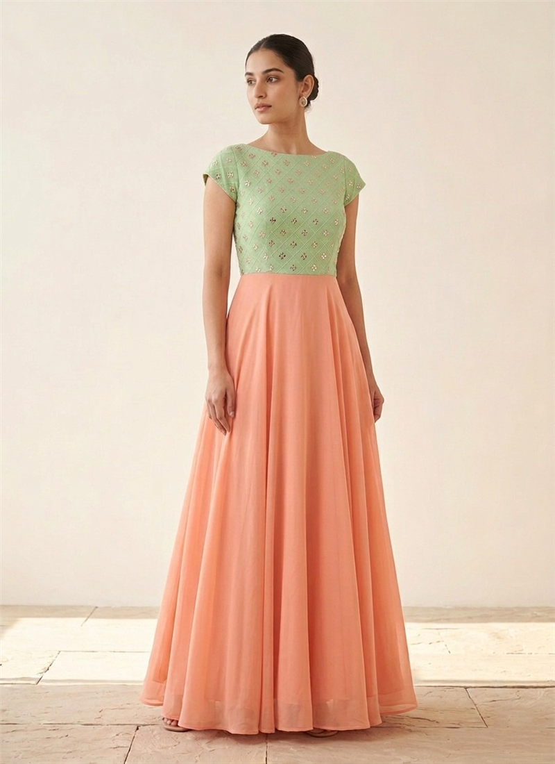 Mint Embroidered Faux Georgette Gown After Six Wear