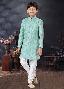 Mint Green Art Silk Jacquard Kids Boys Indowestern Sherwani