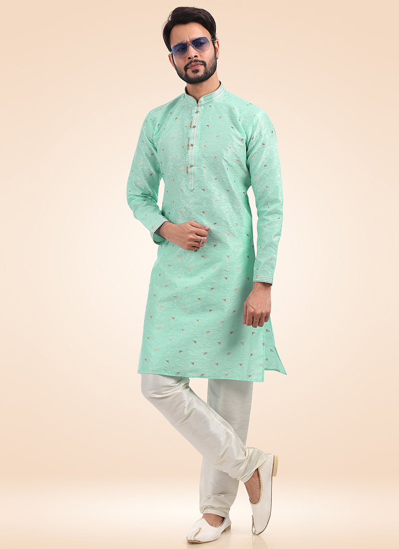 Mint Green Banarasi Silk Jacquard Kurta Pyjama  Party Wear