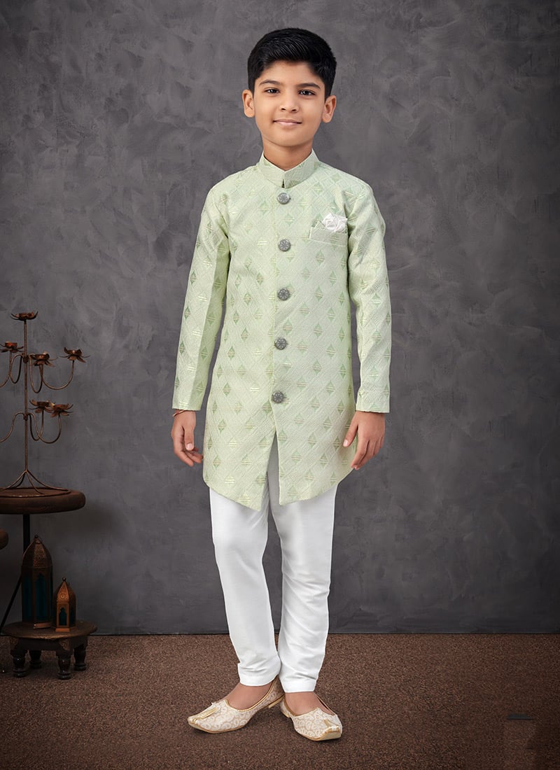Mint Green Banarasi Silk Zari Jacquard Embroidered Sequins Boys Indowestern Sherwani Wedding Wear