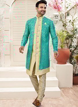 Mint Green Banarasi Silk Zari Jacquard Indowestern Sherwani