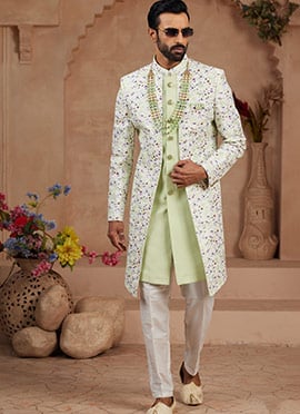 Mint Green Banarsai Silk Digital Print With Embroidered Sequins Indowestern Sherwani