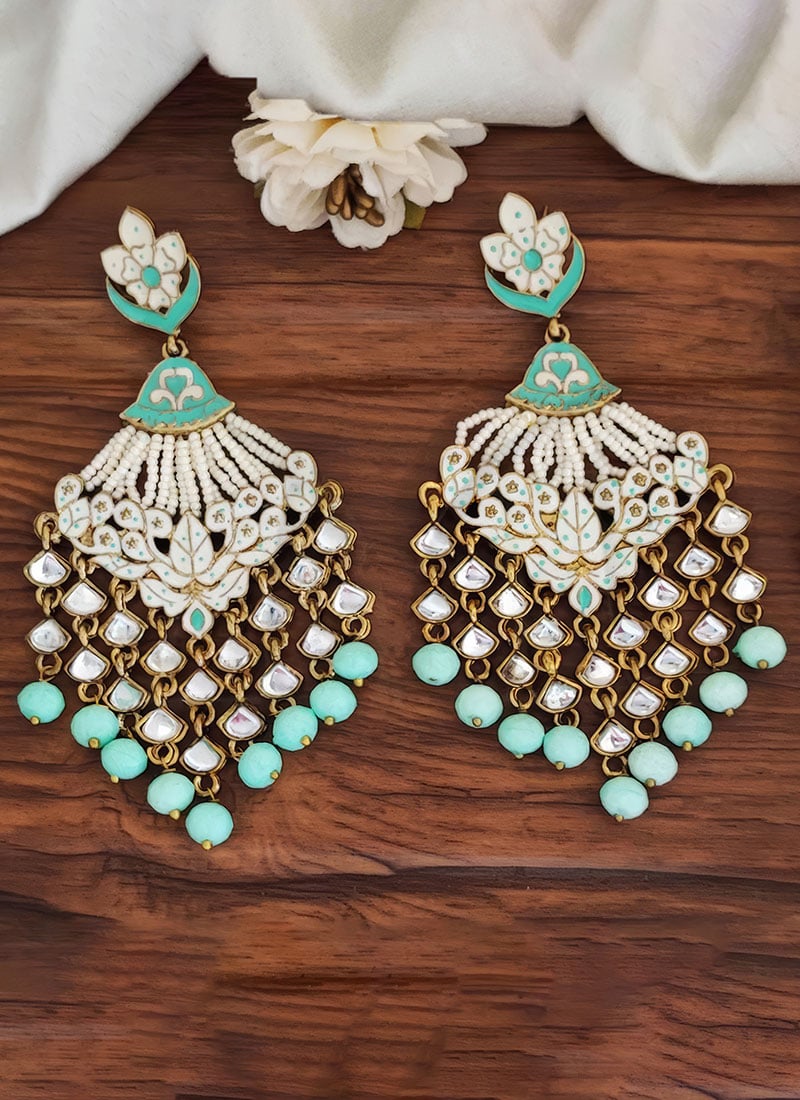 Mint Green Beaded Kundan Meenakari Danglers Festive Wear