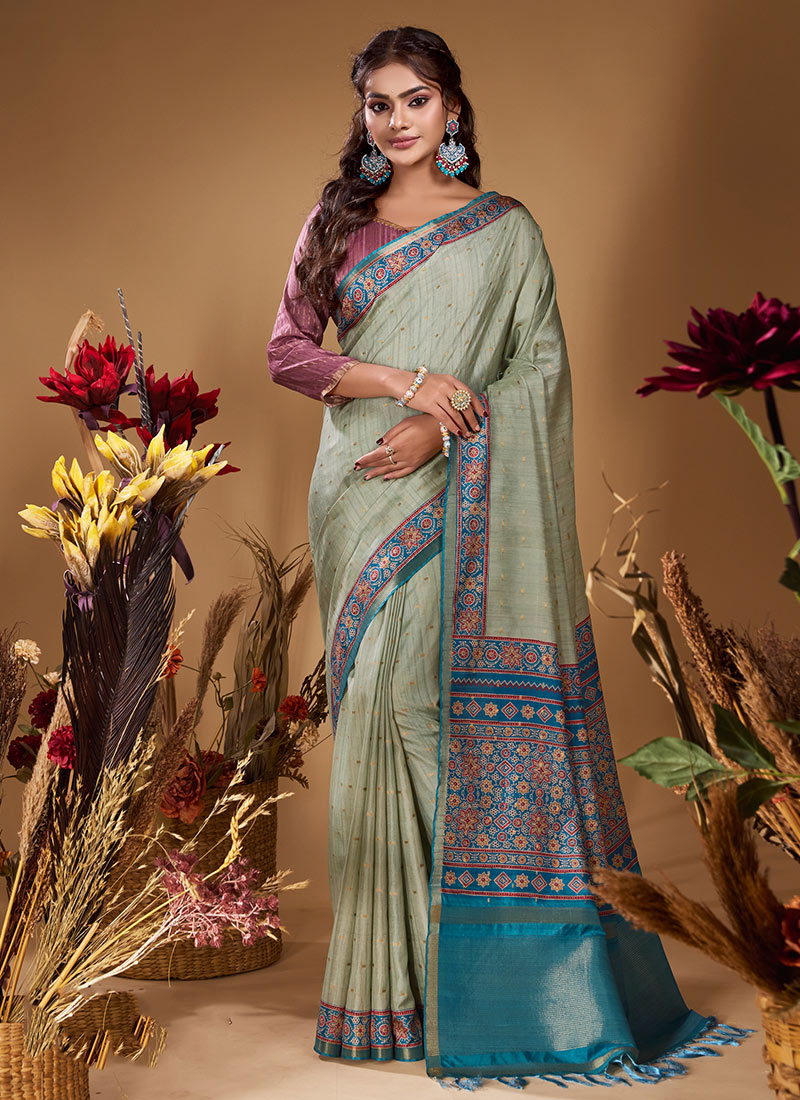 Mint Green Butti Tussar Silk Jacquard Zari Saree Festive Wear
