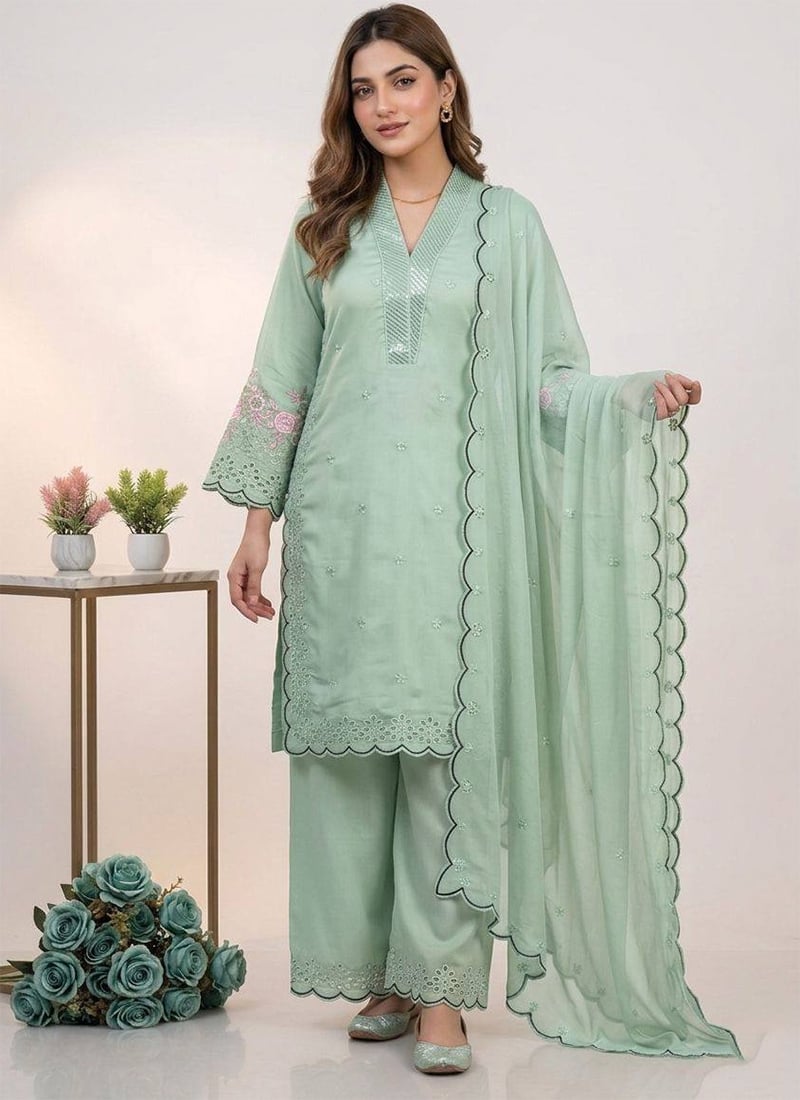 Mint Green Chanderi Silk Embroidered Sequins With Cutwork Palazzo Suit Festive Wear