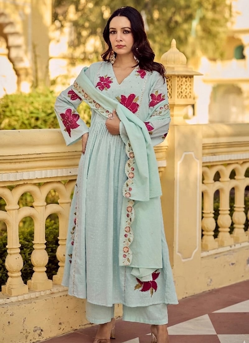 Mint Green Cotton Embroidered Sequins Straight Pant Suit Festive Wear