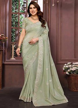 Mint Green Crunchy Silk Gota Embroidered Saree