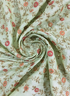 Mint Green Embroidered Art Silk Fabric