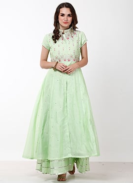 Mint Green Embroidered Kurta Skirt Set