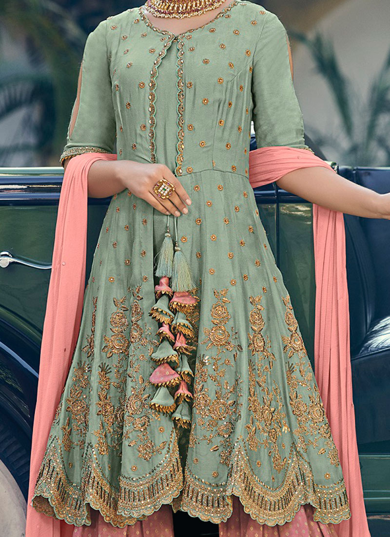Buy Mint Green Embroidered Sharara Suit, Embroidered, sharara suit Online Shopping SLSCCH876905
