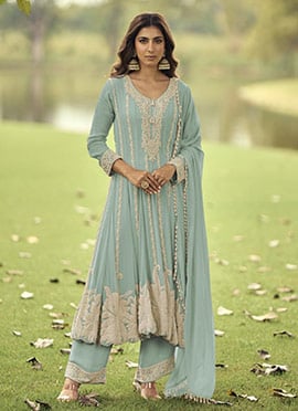 Mint Green Faux Georgette Beads Embroidered A Line Anarkali Suit