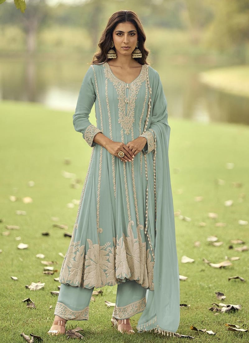 Mint Green Faux Georgette Beads Embroidered A Line Anarkali Suit Festive Wear
