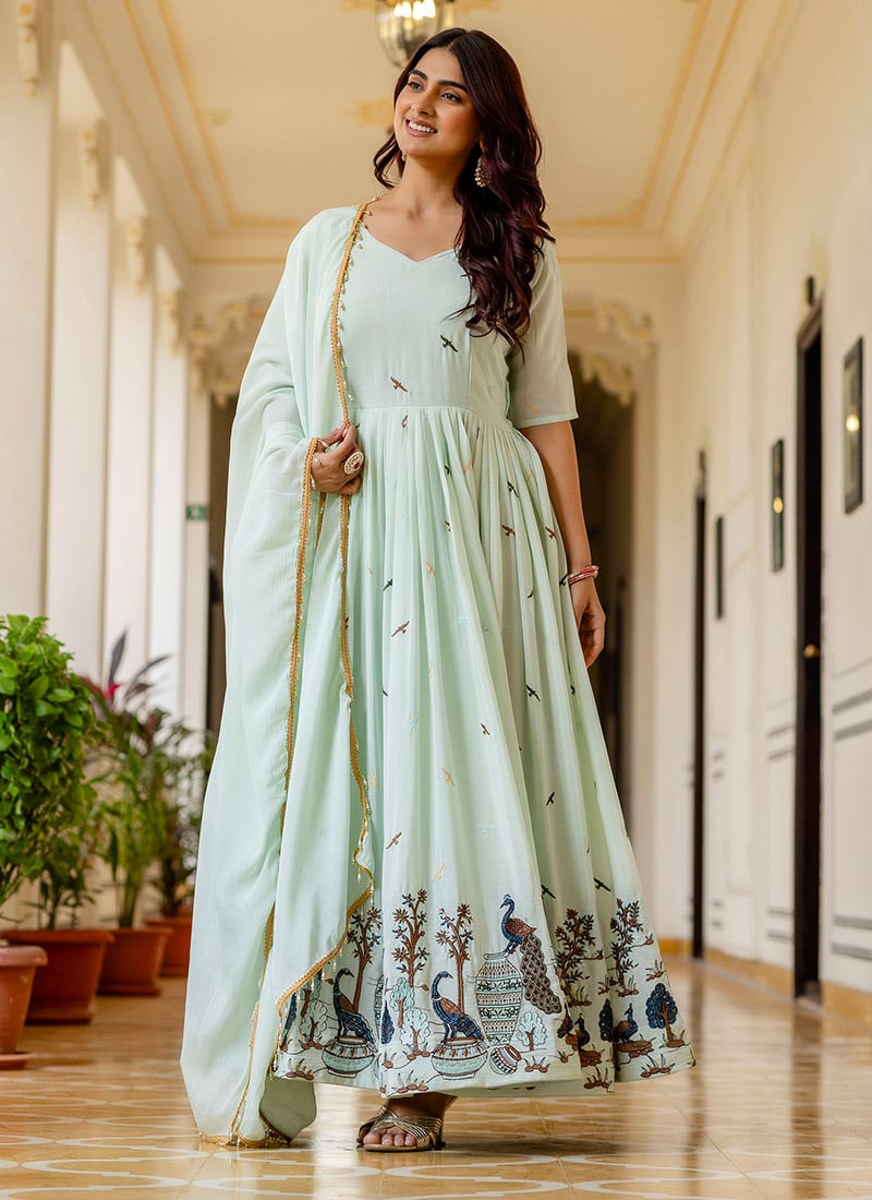 Mint Green Faux Georgette Embroidered Floor Length Anarkali Suit Festive Wear
