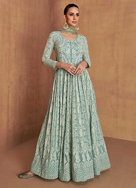 Mint Green Faux Georgette Embroidered Sequins A Line Anarkali Suit