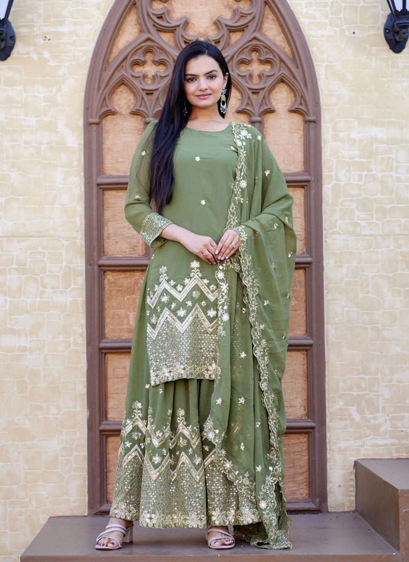 Mint Green Faux Georgette Embroidered Sequins Palazzo Suit
