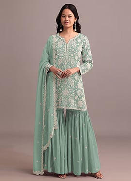 Mint Green Faux Georgette Embroidered Sharara Suit