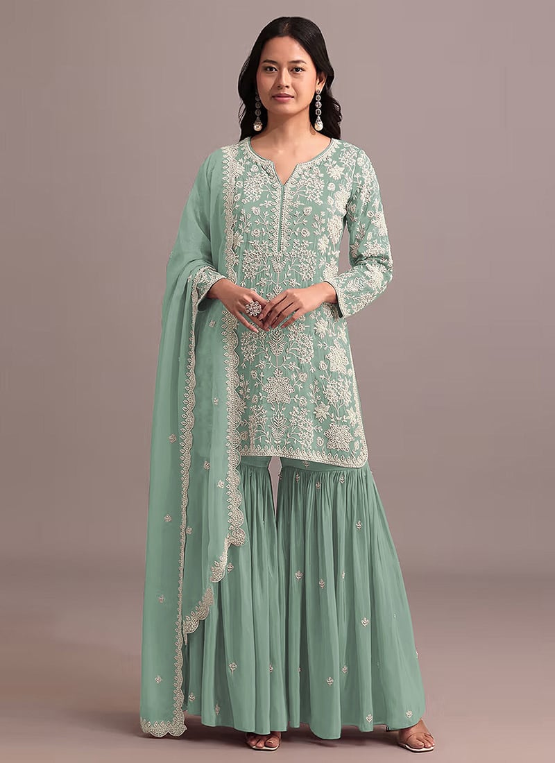 Mint Green Faux Georgette Embroidered Sharara Suit Festive Wear