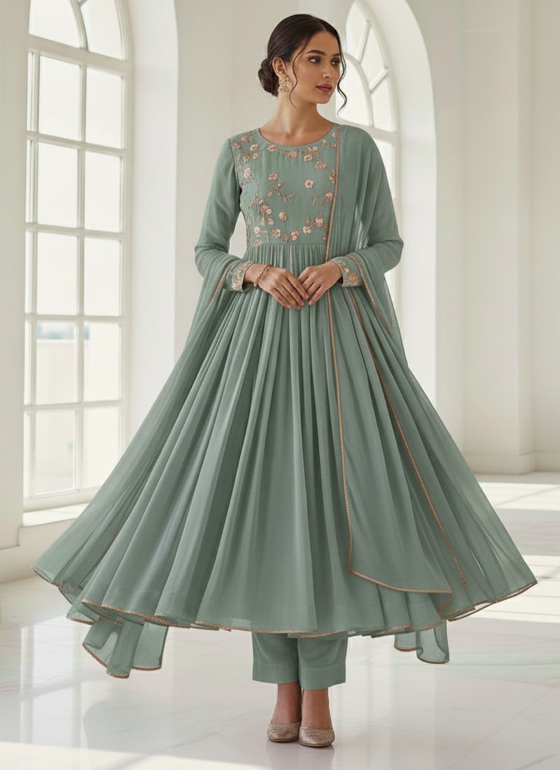 Mint Green Faux Georgette Resham Anarkali Suit Festive Wear