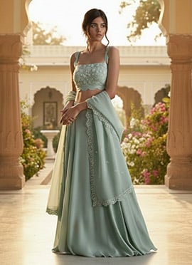 Mint Green Faux Georgette Resham Sequins Lehenga