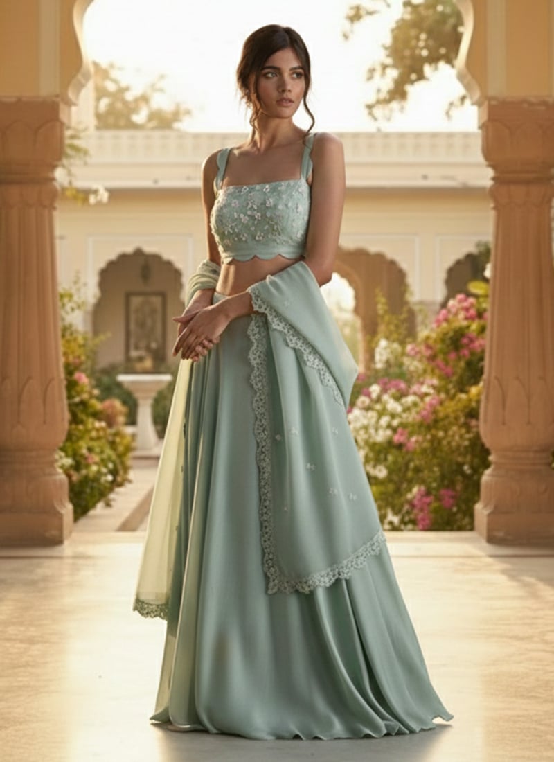 Mint Green Faux Georgette Resham Sequins Lehenga Wedding Wear