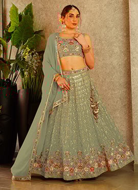Mint Green Faux Georgette Zari Embroidered Sequins Lehenga