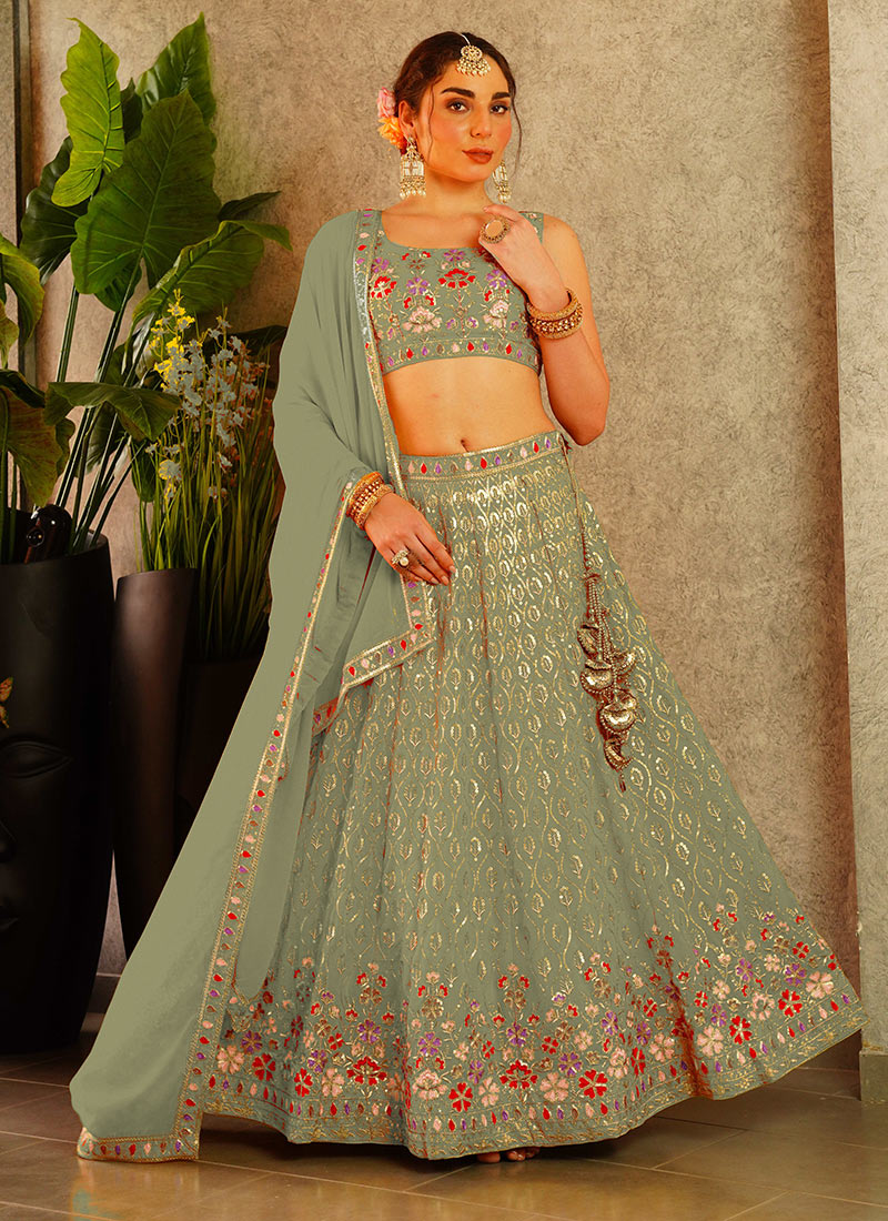 Mint Green Faux Georgette Zari Embroidered Sequins Lehenga Wedding Wear