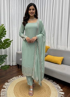 Mint Green Faux Georgette Zari Sequins Straight Pant Suit