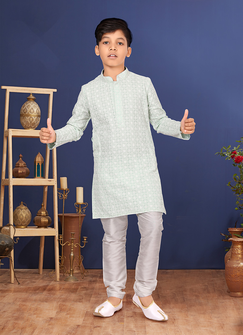 Mint Green Georgette Embroidered Boys Kurta Pyjama 