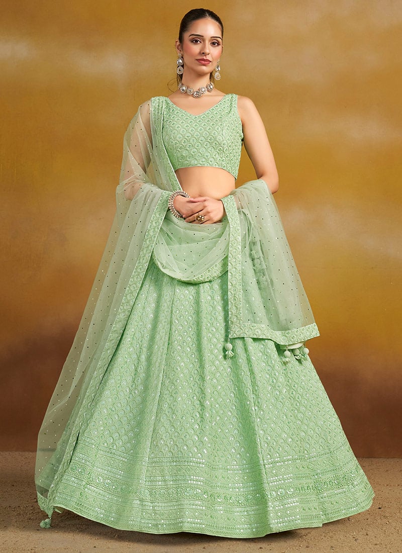 Mint Green Georgette Embroidered Sequins Lehenga Wedding Wear
