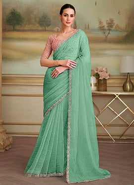 Mint Green Georgette Embroidered Sequins Saree