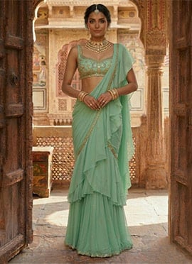Mint Green Georgette Hand Embroidered Sequins Ruffled Saree