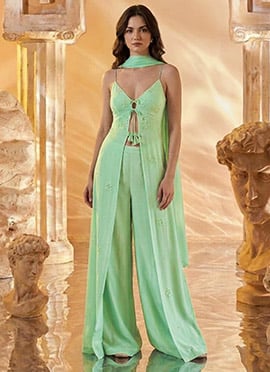 Mint Green Georgette Hand Embroidered Sequins With Beads Work Palazzo Suit